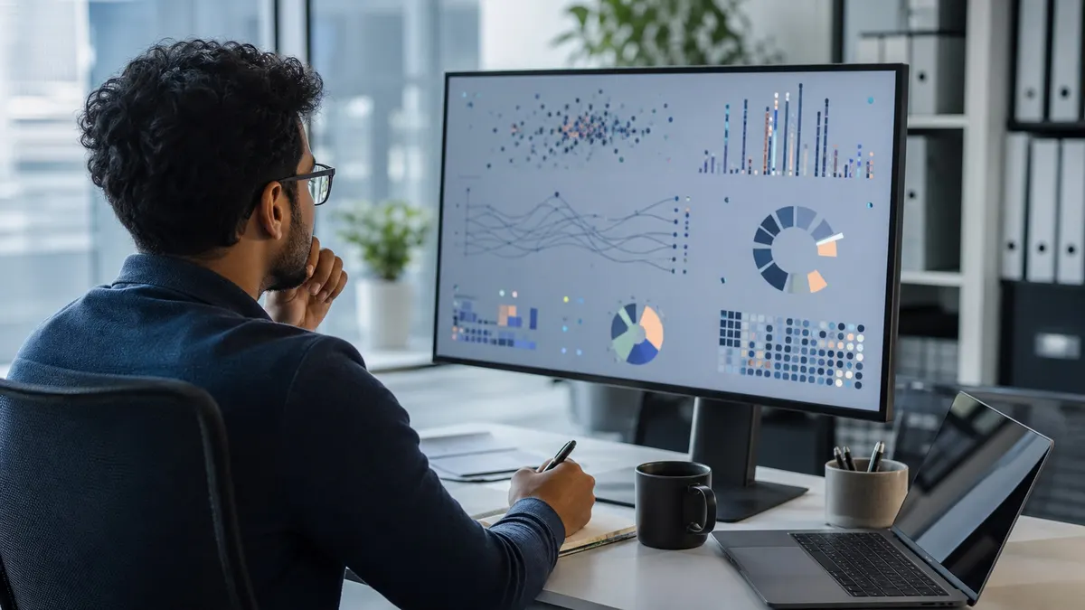 Data science at work: an analyst studying charts on a large screen