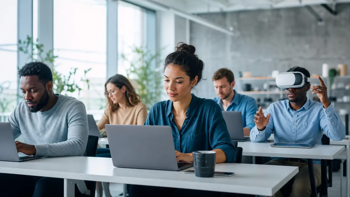 Tendances e-learning : des apprenants sur ordinateur, l'un porte un casque de réalité virtuelle