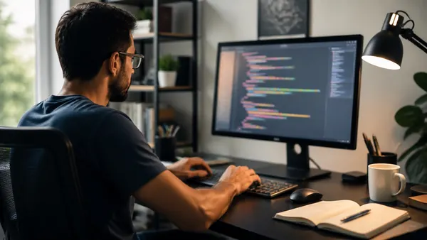 Développeur qui écrit du code sur un grand écran