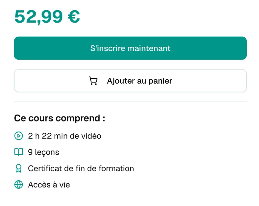 Encadré d'achat pour payer une formation : prix, inscription et ajout au panier