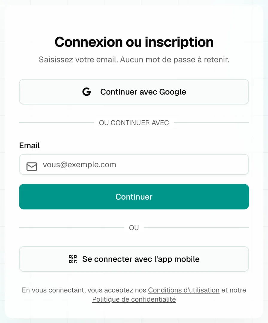 Page de connexion au compte Mudey, par Google ou par adresse email