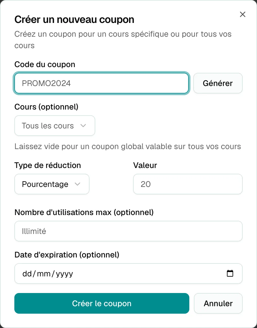 Formulaire de création d'un coupon, outil de suivi des apprenants par canal