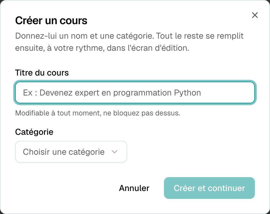 Fenêtre Créer un cours, première étape pour créer une formation sur Mudey