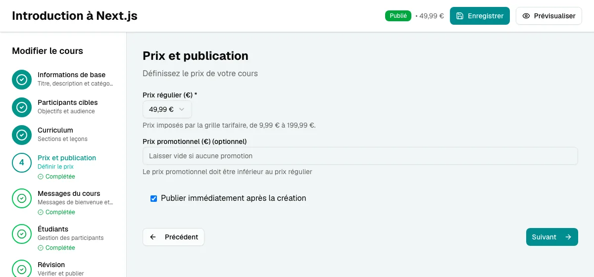 Étape Prix et publication de l'éditeur pour publier une formation sur Mudey
