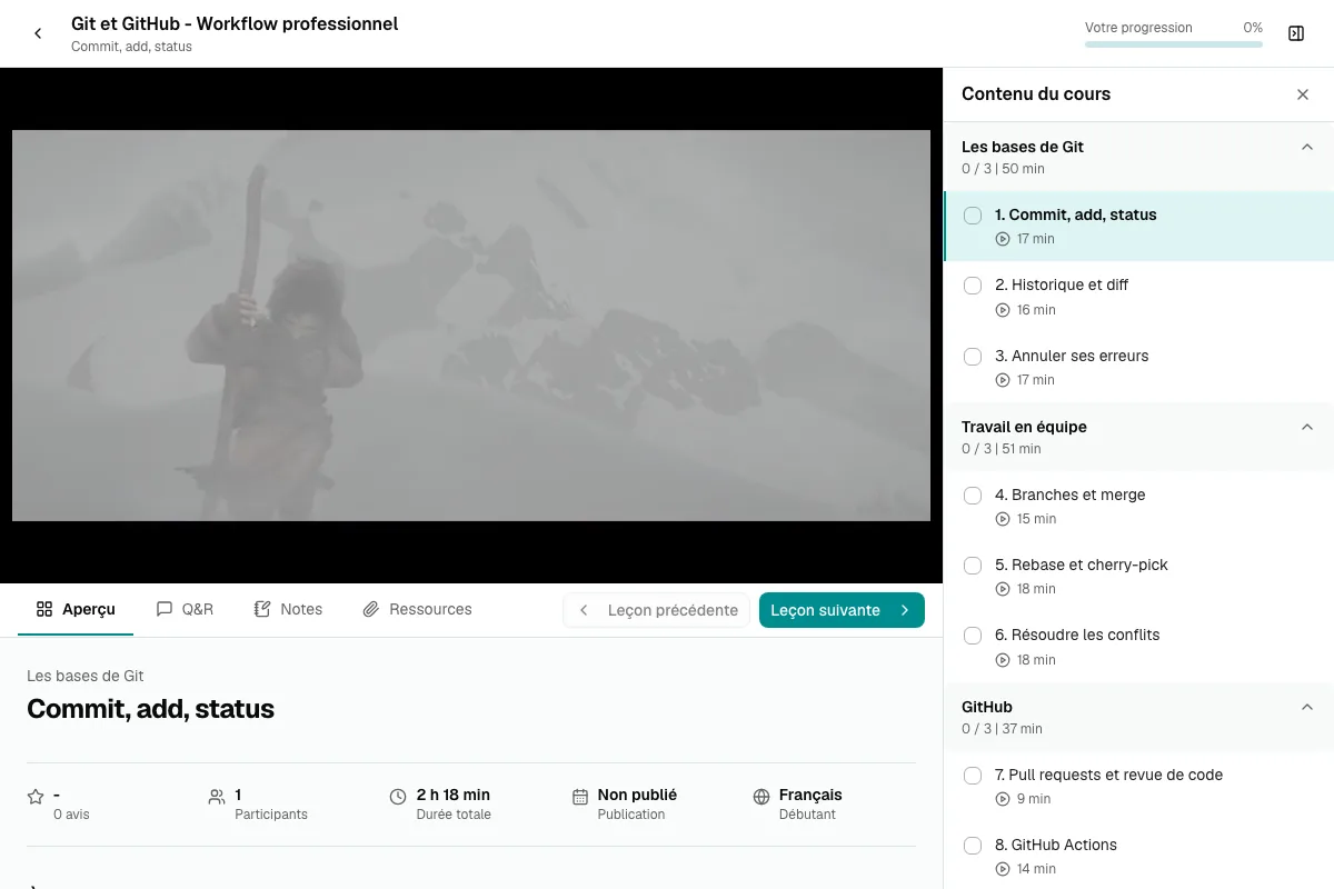 Lecteur Mudey pour suivre une formation : vidéo, onglets et sommaire du cours