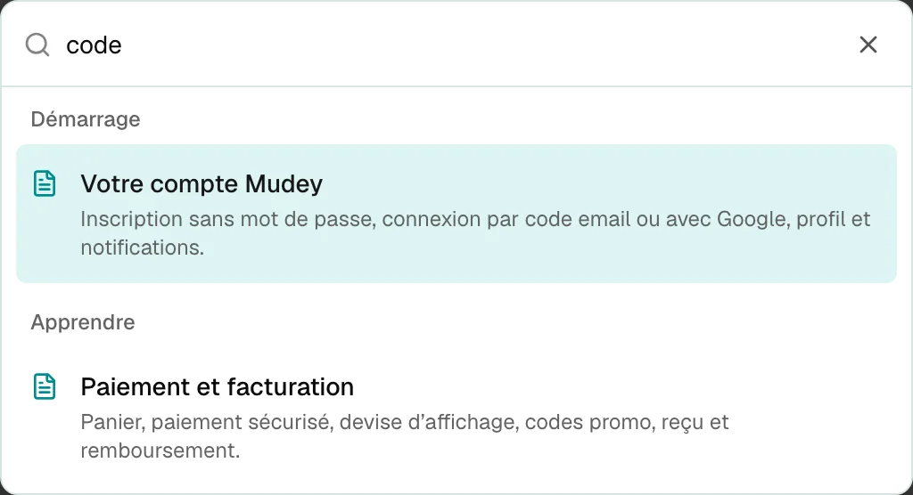 Recherche du mot code dans les guides du centre d'aide Mudey