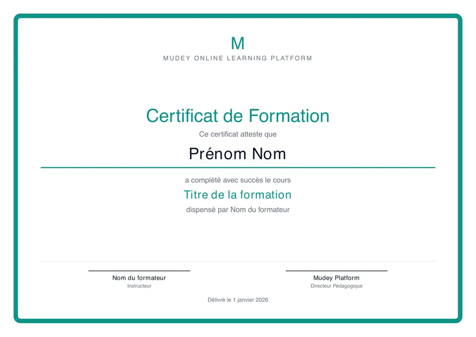 Exemple de certificat remis avec les certifications Mudey